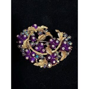 Vintage BSK Floral Brooch Gold Tone Purple Beads Blue Aurora Borealis Rhinestone